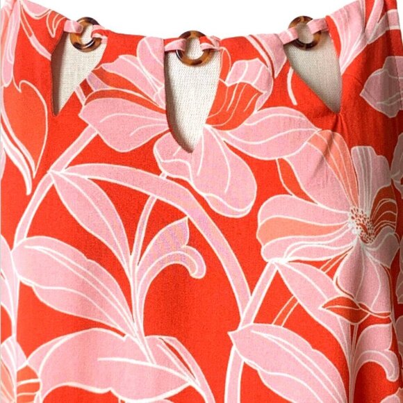 AUW Floral Sleeveless Tank Top Cutout Neck Sz L Orange & Pink Tropical #129M - Picture 5 of 9